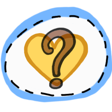  yellow heart with question mark in front on white circle in front of blue circle, dashed line goes between the white and blue 